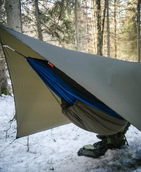 navy blue ultralight hammock winter setup